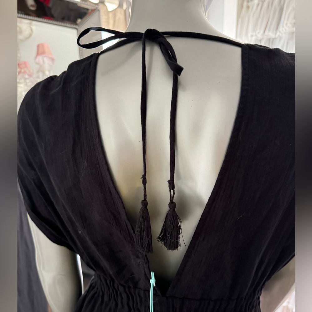 NWT! Kona Sol Cover-Up Dress Womens Tie-Back Elastic Waist Short-Sleeve Black - Picture 3 of 7